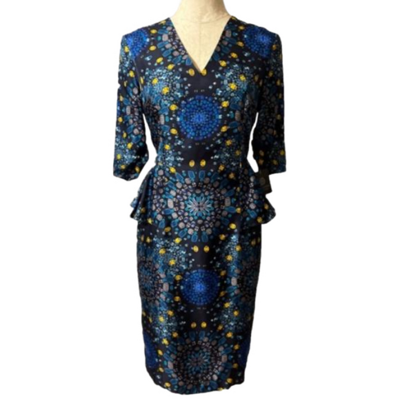 Doncaster Dresses & Skirts - Doncaster Dress Blue Gold 8 Short Sleeve SILK Peplum Sheath NWT